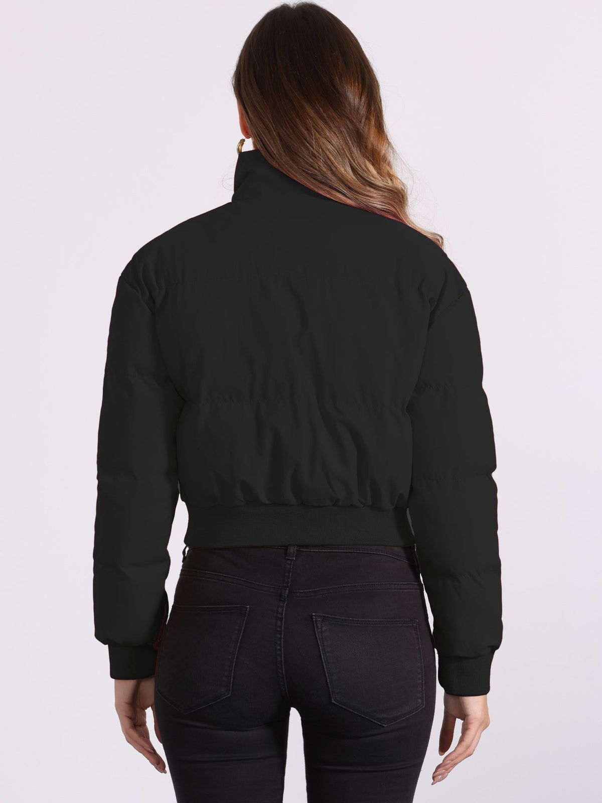 Kacob | Women's Cropped Padded Bomber Jacket – Stand Collar Zip Front Puffer with Ribbed Hem