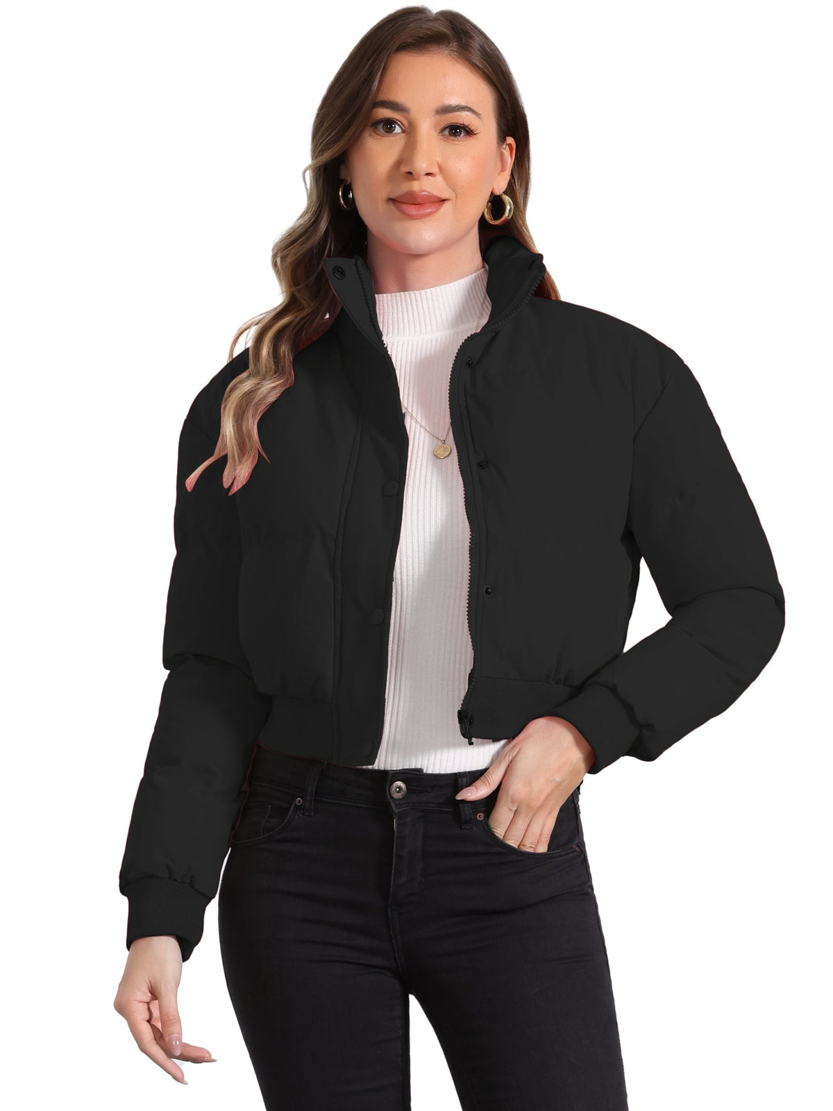 Kacob | Women's Cropped Padded Bomber Jacket – Stand Collar Zip Front Puffer with Ribbed Hem