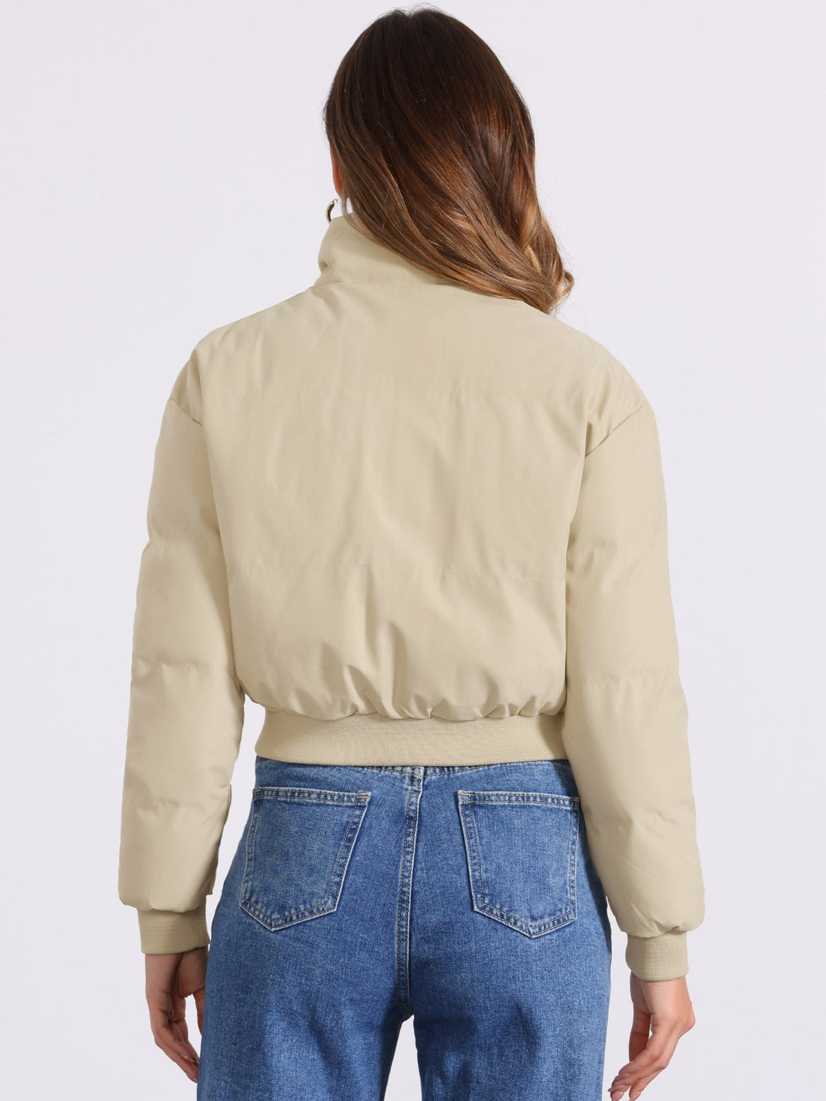 Kacob | Women's Cropped Padded Bomber Jacket – Stand Collar Zip Front Puffer with Ribbed Hem