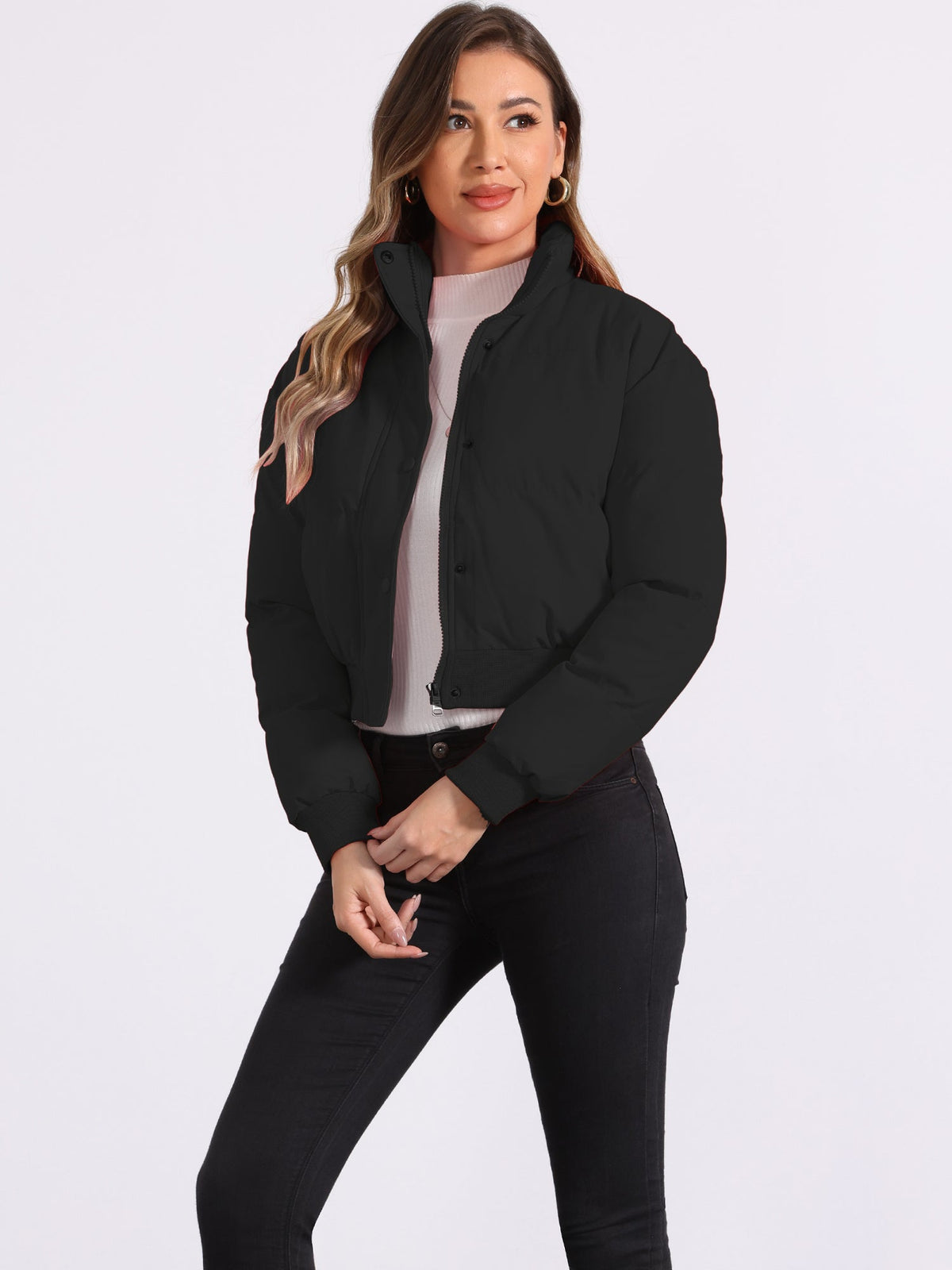 Kacob | Women's Cropped Padded Bomber Jacket – Stand Collar Zip Front Puffer with Ribbed Hem