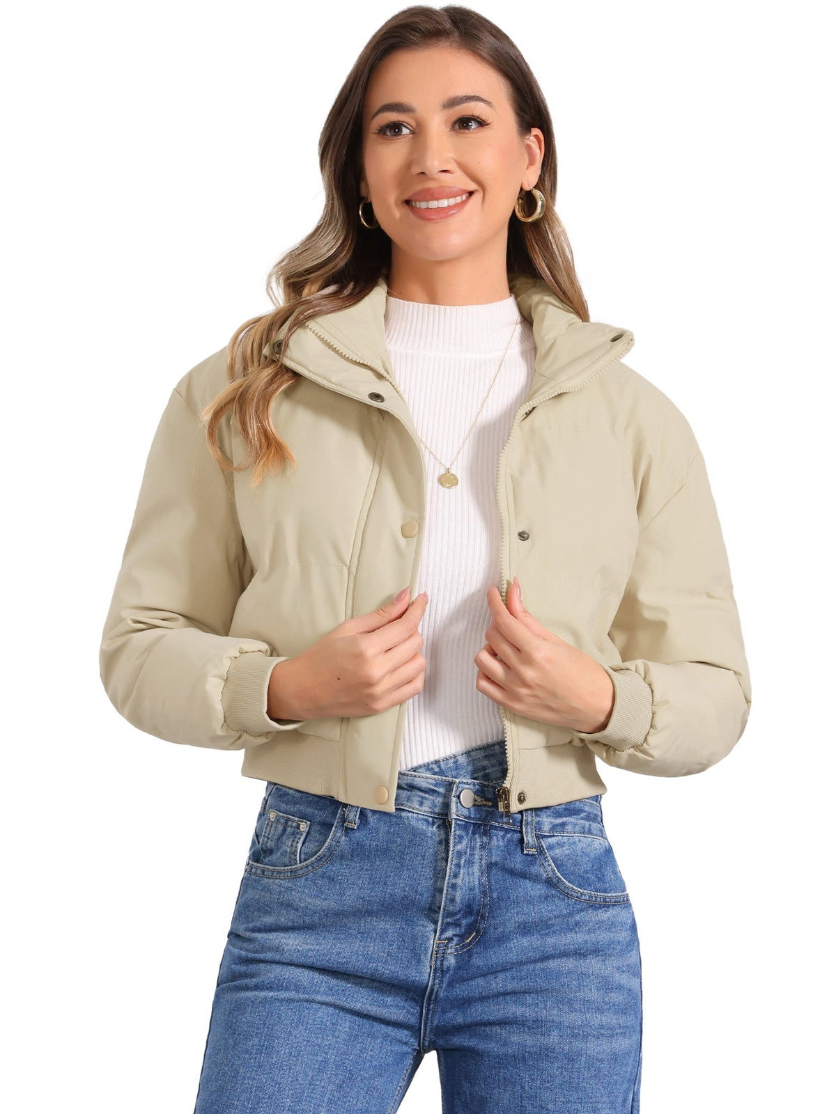 Kacob | Women's Cropped Padded Bomber Jacket – Stand Collar Zip Front Puffer with Ribbed Hem