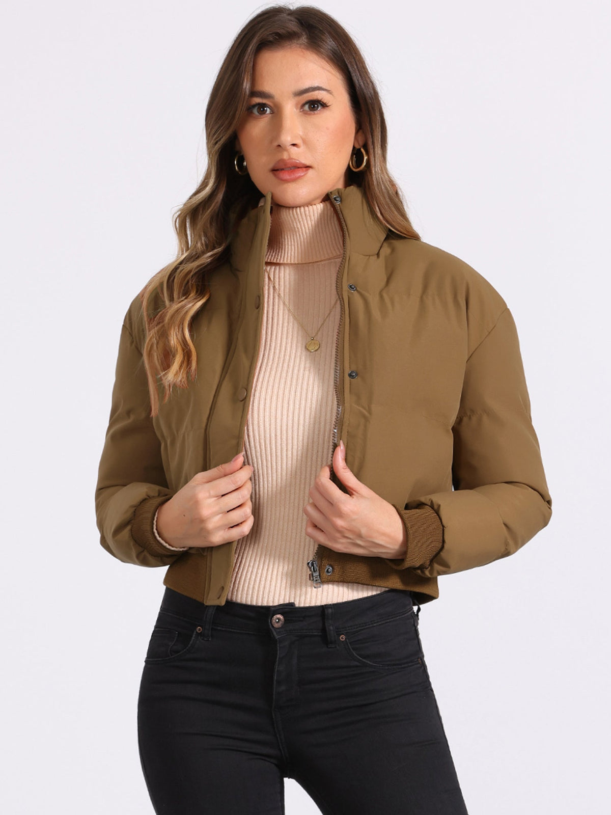 Kacob | Women's Cropped Padded Bomber Jacket – Stand Collar Zip Front Puffer with Ribbed Hem