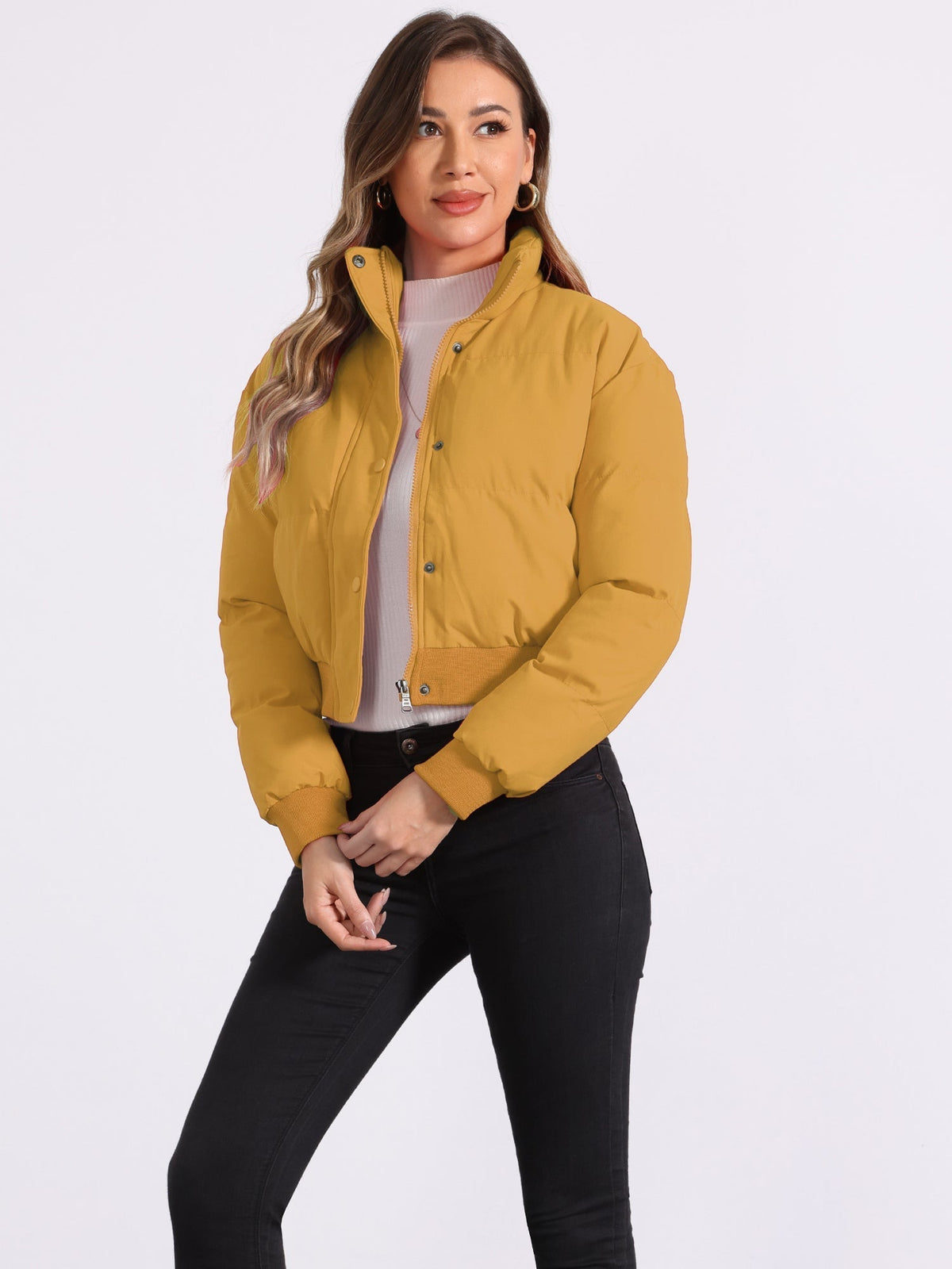 Kacob | Women's Cropped Padded Bomber Jacket – Stand Collar Zip Front Puffer with Ribbed Hem