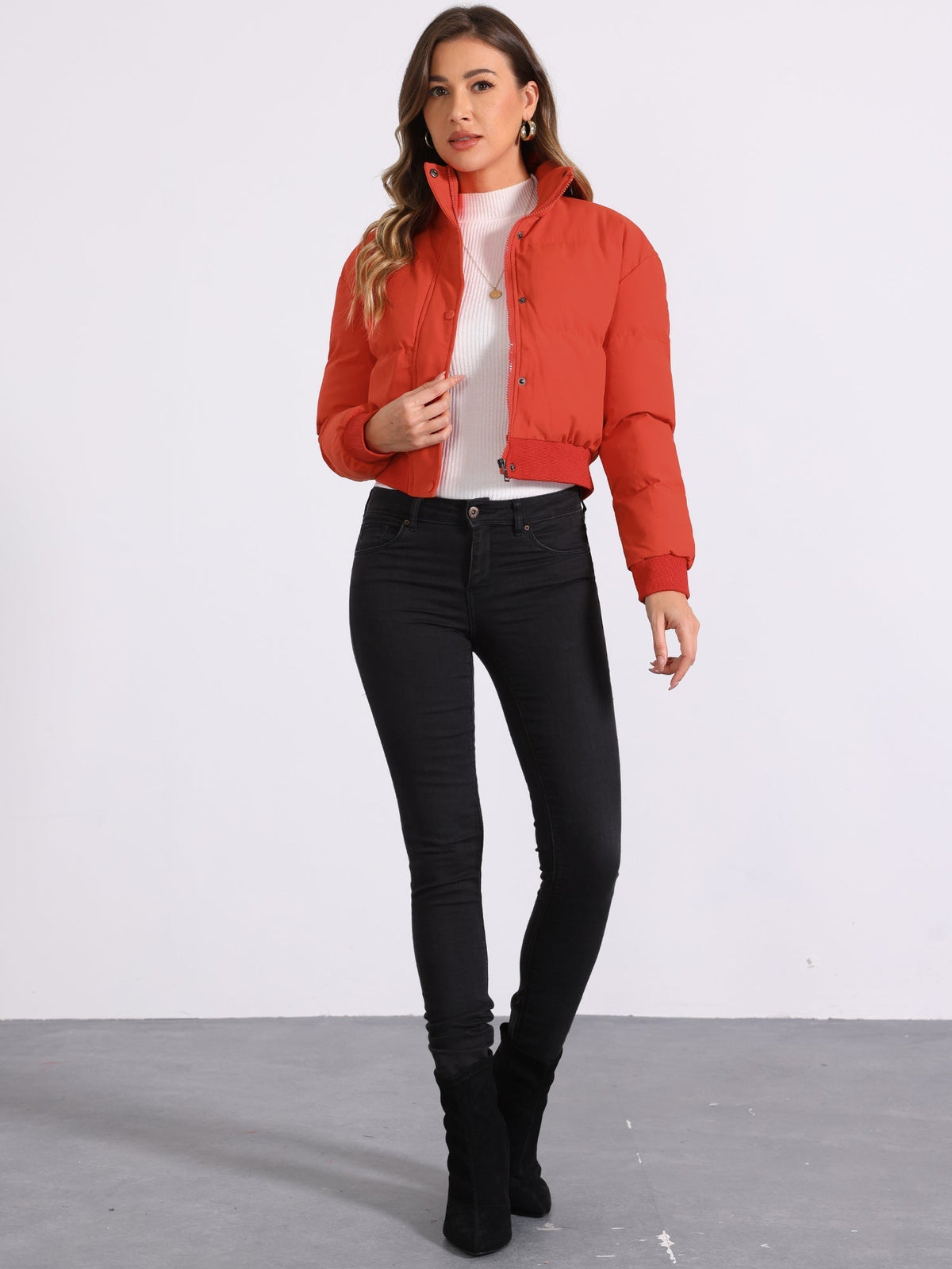 Kacob | Women's Cropped Padded Bomber Jacket – Stand Collar Zip Front Puffer with Ribbed Hem