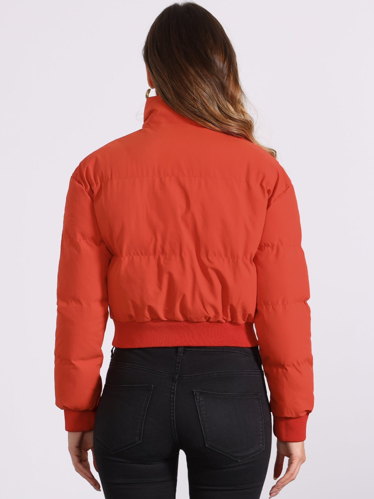 Kacob | Women's Cropped Padded Bomber Jacket – Stand Collar Zip Front Puffer with Ribbed Hem