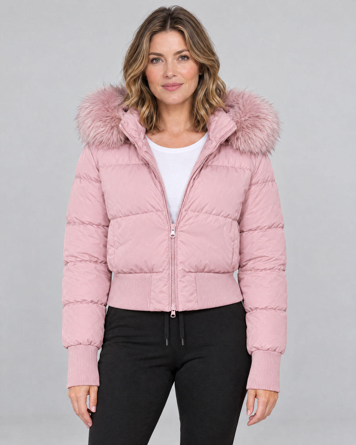 Kacob | Women's Cropped Puffer Jacket – Faux Fur Hood Fitted Winter Jacket