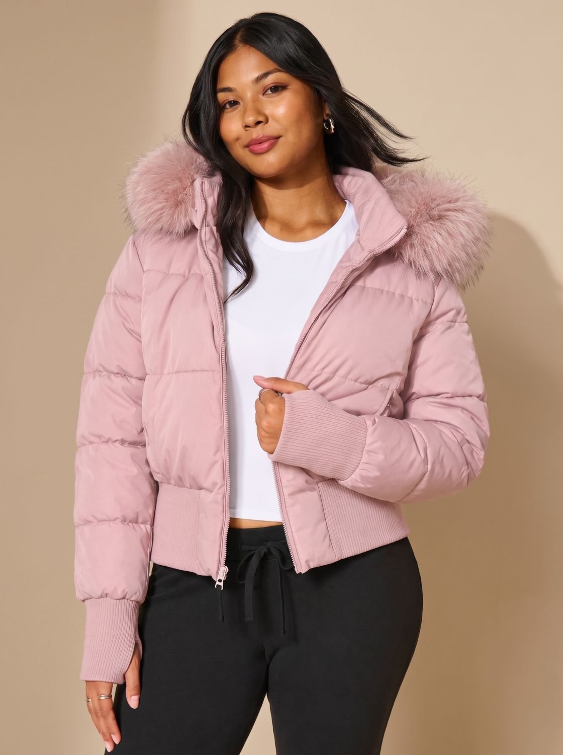 Kacob | Women's Cropped Puffer Jacket – Faux Fur Hood Fitted Winter Jacket