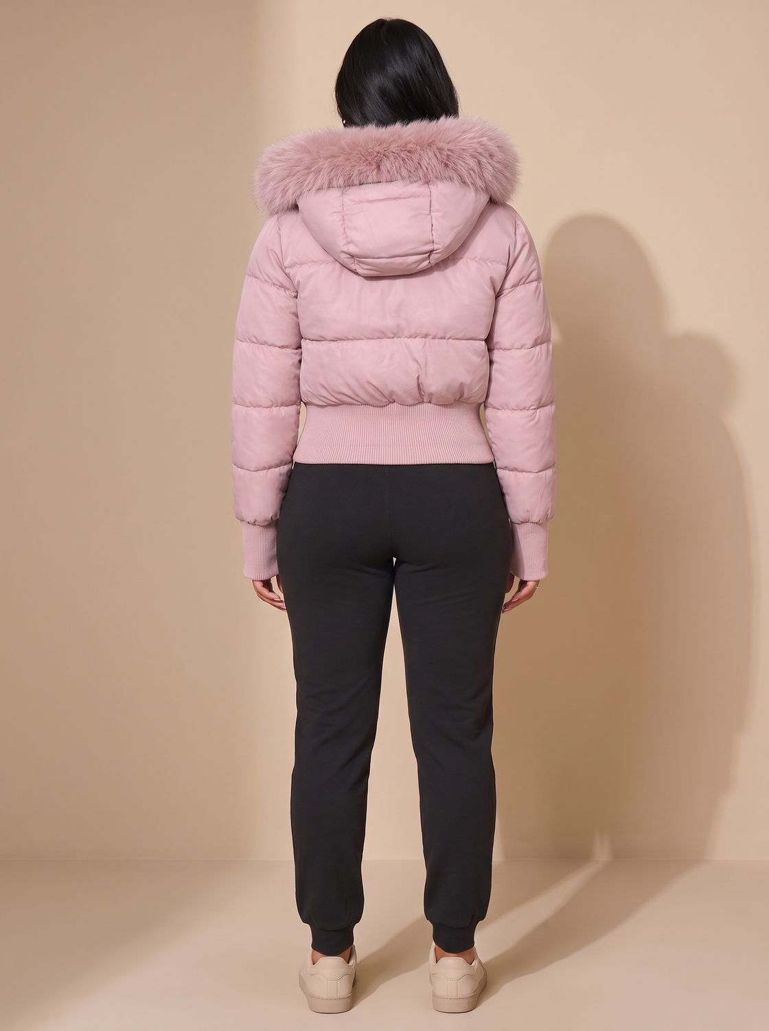 Kacob | Women's Cropped Puffer Jacket – Faux Fur Hood Fitted Winter Jacket