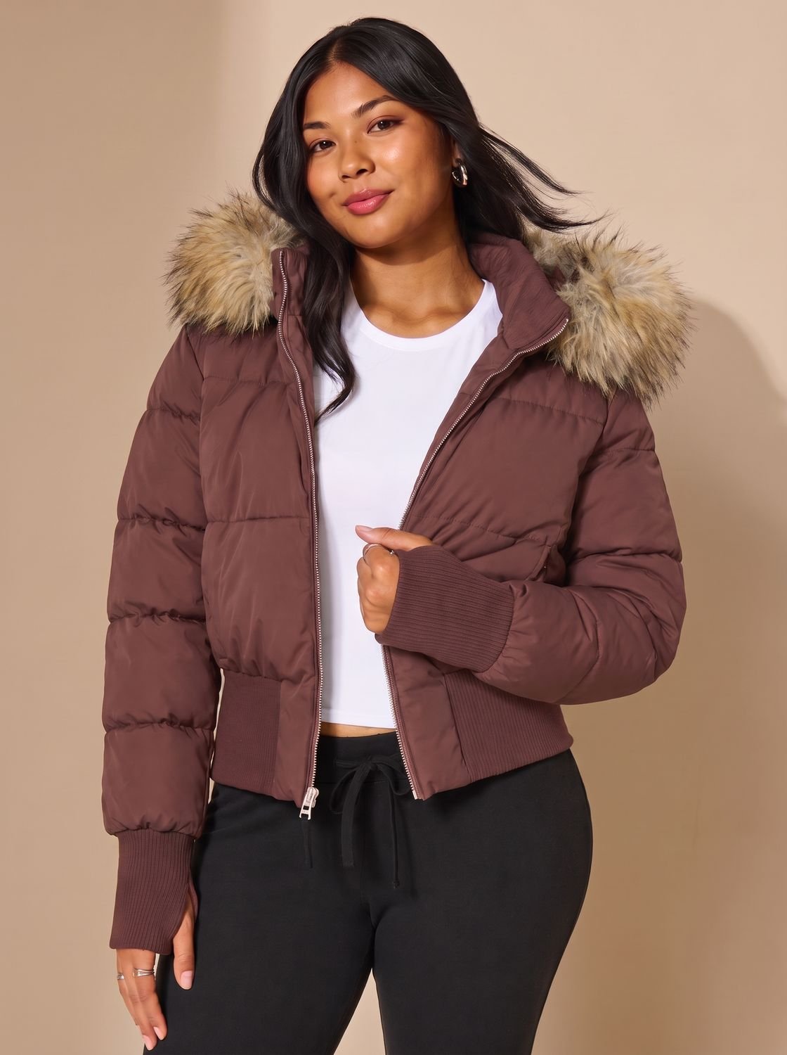 Kacob | Women's Cropped Puffer Jacket – Faux Fur Hood Fitted Winter Jacket