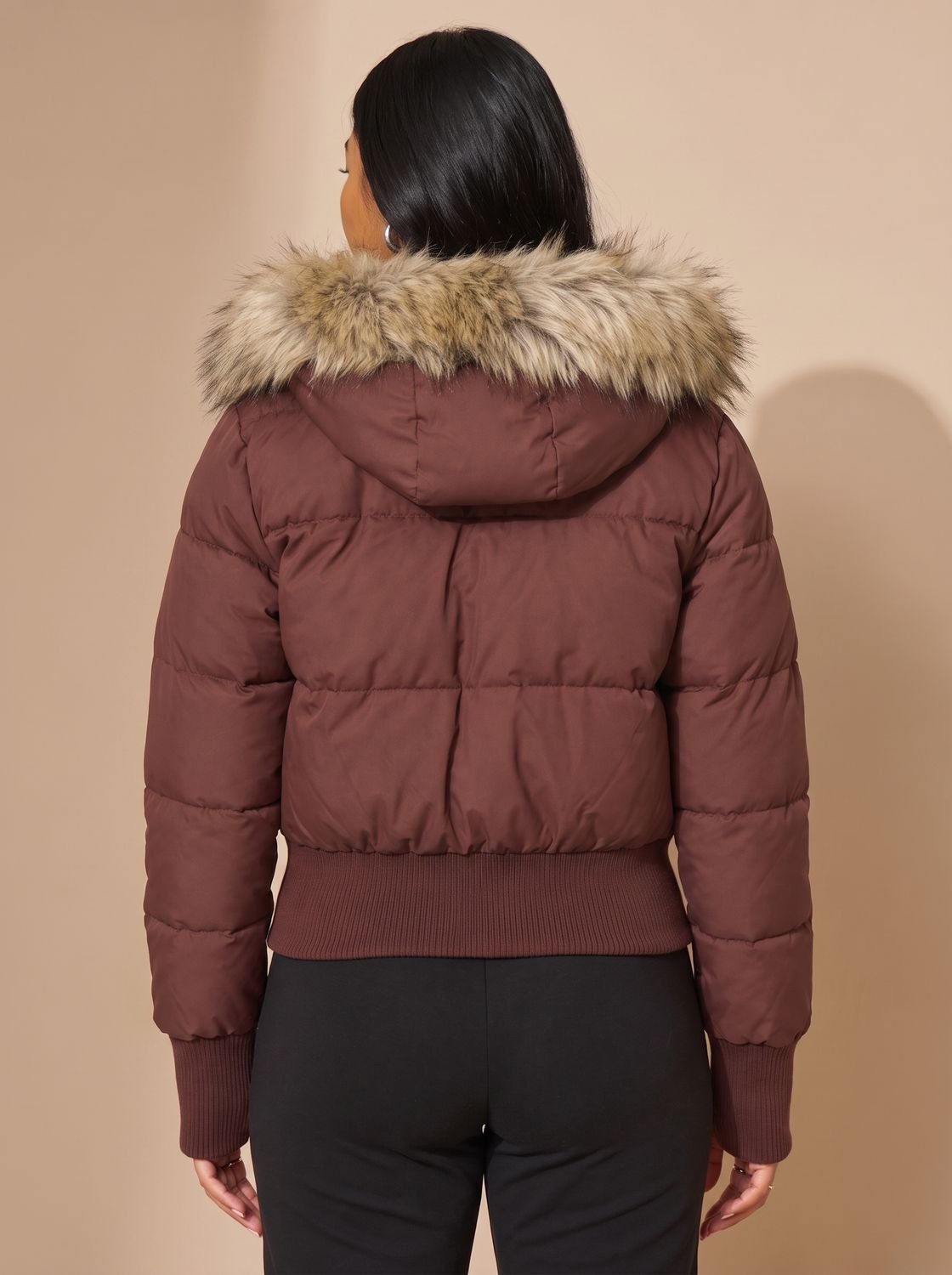 Kacob | Women's Cropped Puffer Jacket – Faux Fur Hood Fitted Winter Jacket