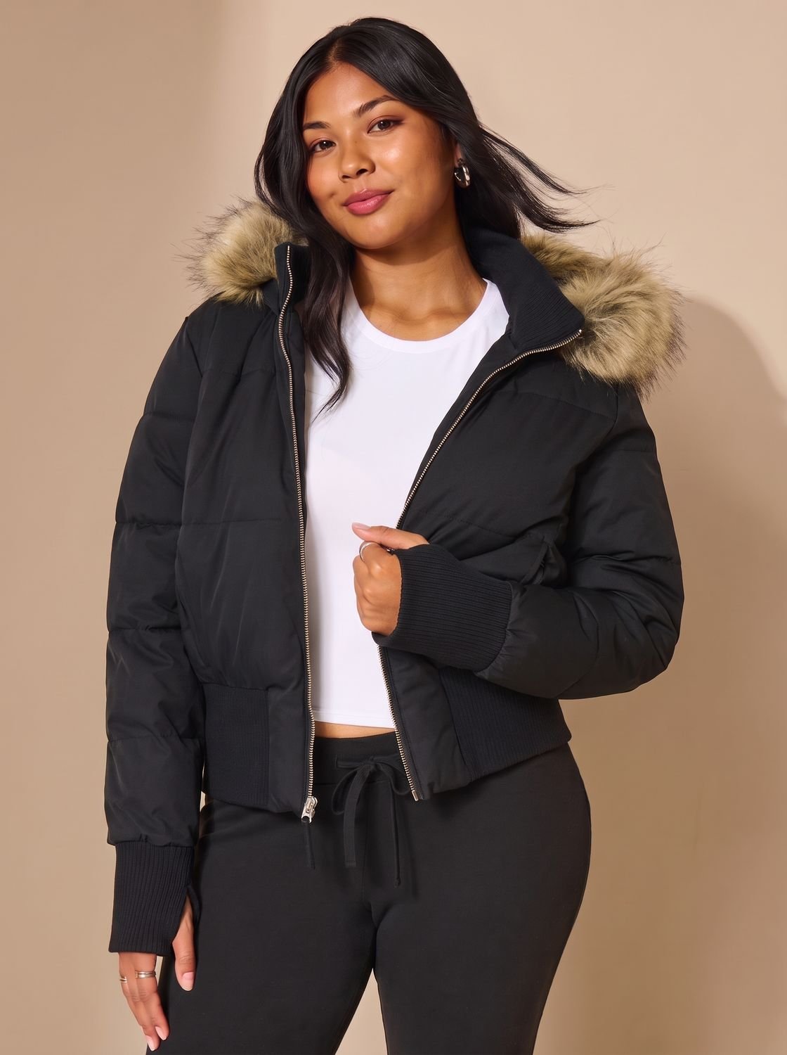 Kacob | Women's Cropped Puffer Jacket – Faux Fur Hood Fitted Winter Jacket
