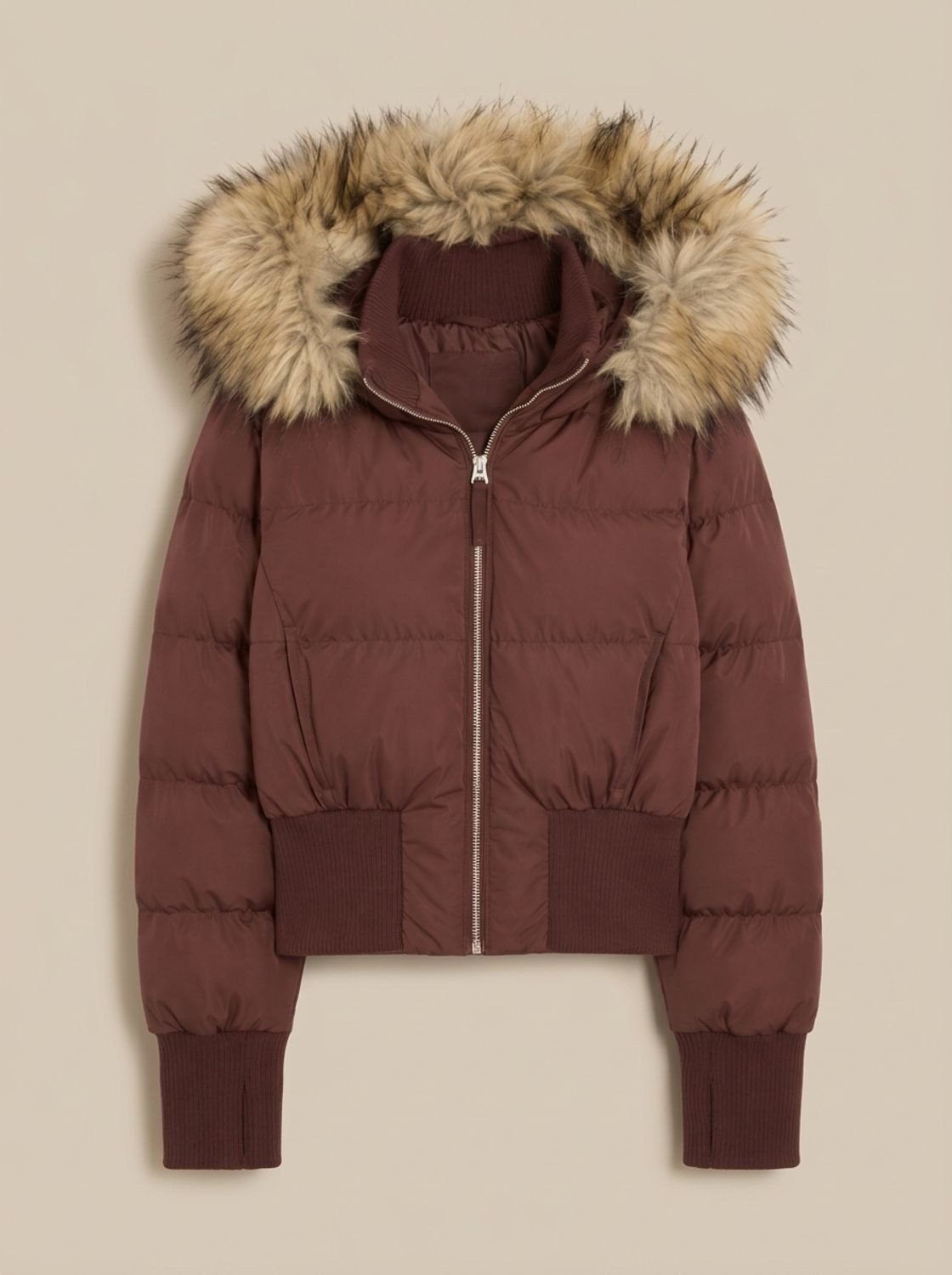 Kacob | Women's Cropped Puffer Jacket – Faux Fur Hood Fitted Winter Jacket