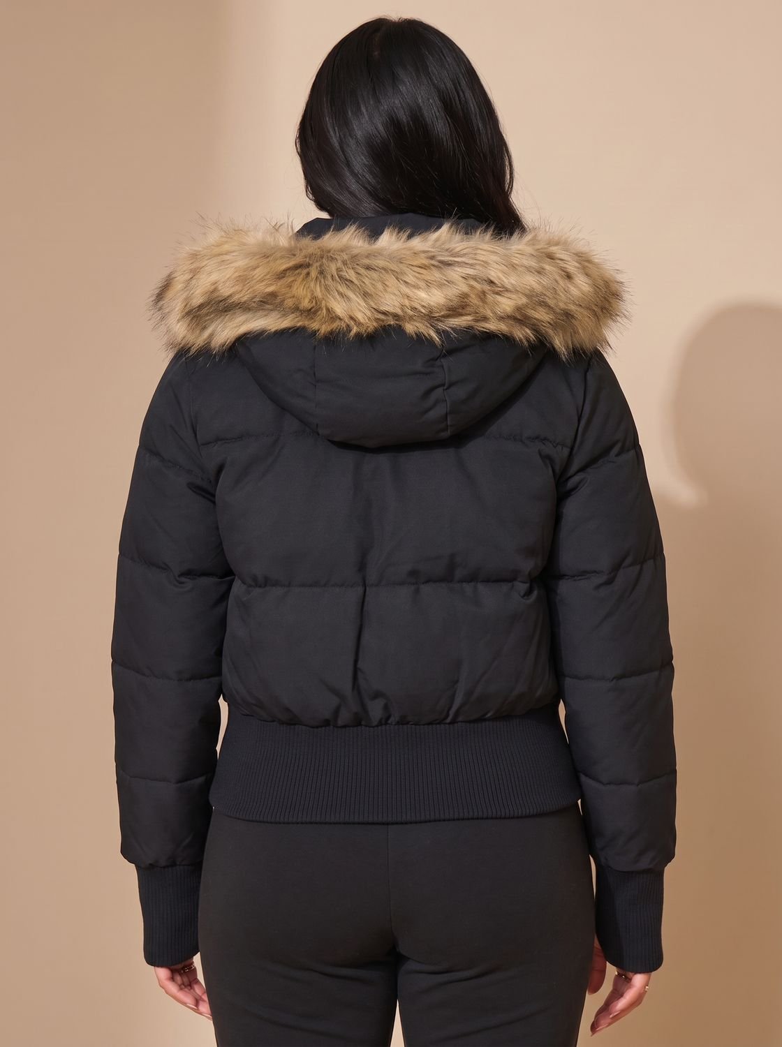 Kacob | Women's Cropped Puffer Jacket – Faux Fur Hood Fitted Winter Jacket