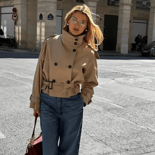 Kacob | Women's Cropped Trench Coat – Double Breasted Belted Trench Jacket