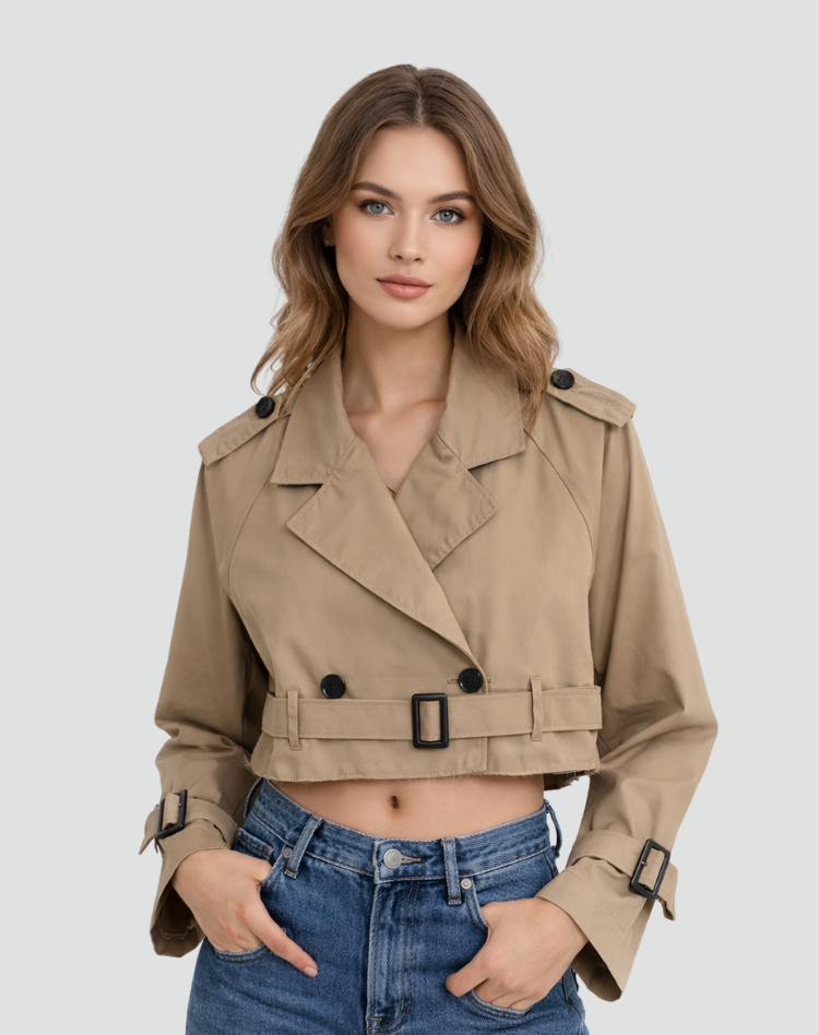 Kacob | Women's Cropped Trench Jacket – Short Belted Trench Coat