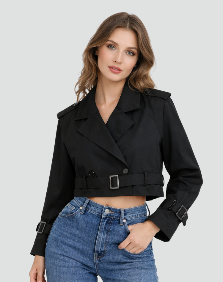 Kacob | Women's Cropped Trench Jacket – Short Belted Trench Coat
