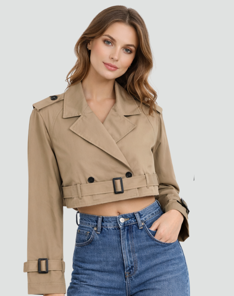 Kacob | Women's Cropped Trench Jacket – Short Belted Trench Coat