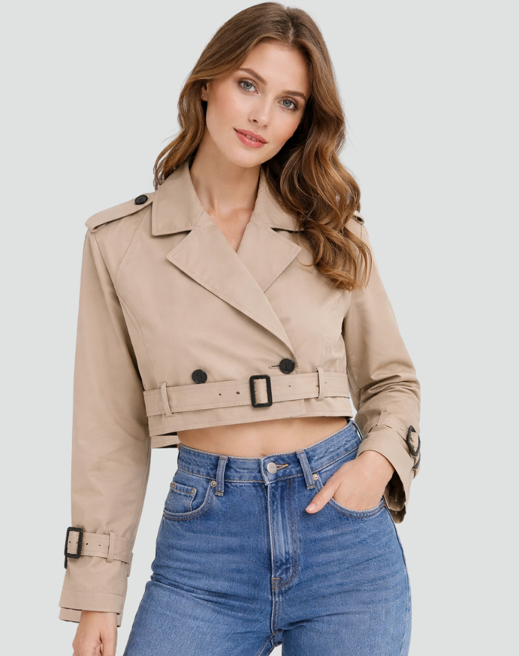 Kacob | Women's Cropped Trench Jacket – Short Belted Trench Coat