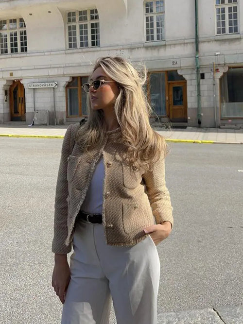 Kacob | Women's Cropped Tweed Blazer – Button Front Short Jacket
