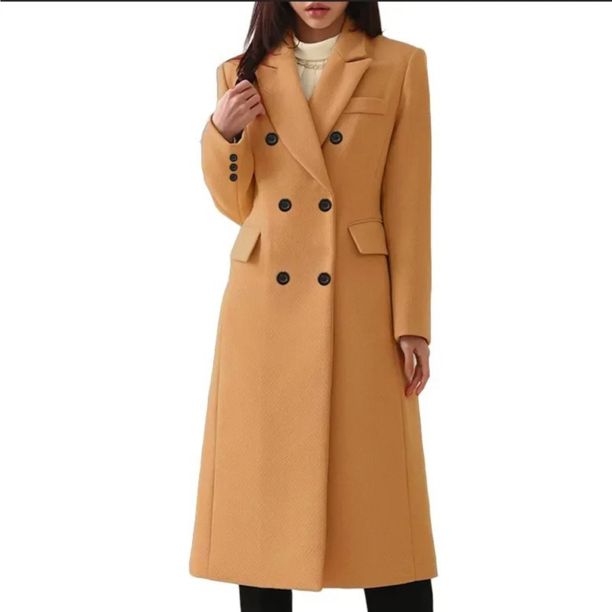 Kacob | Women's Double Breasted Long Coat – Notch Collar Tailored Overcoat