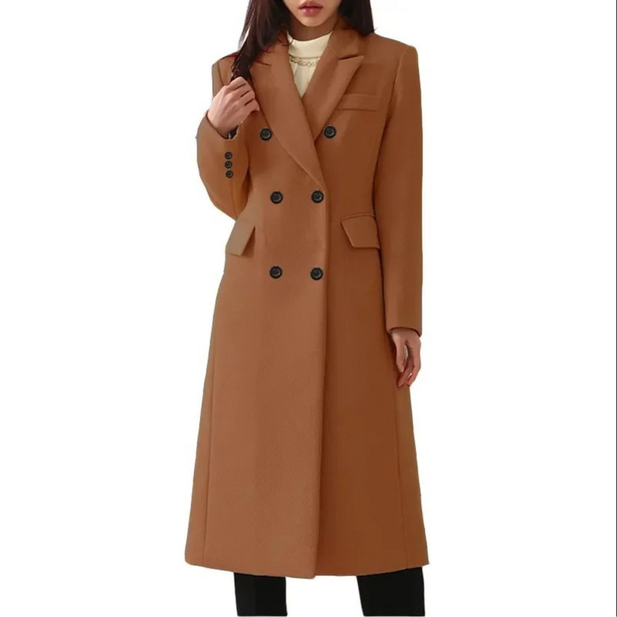 Kacob | Women's Double Breasted Long Coat – Notch Collar Tailored Overcoat
