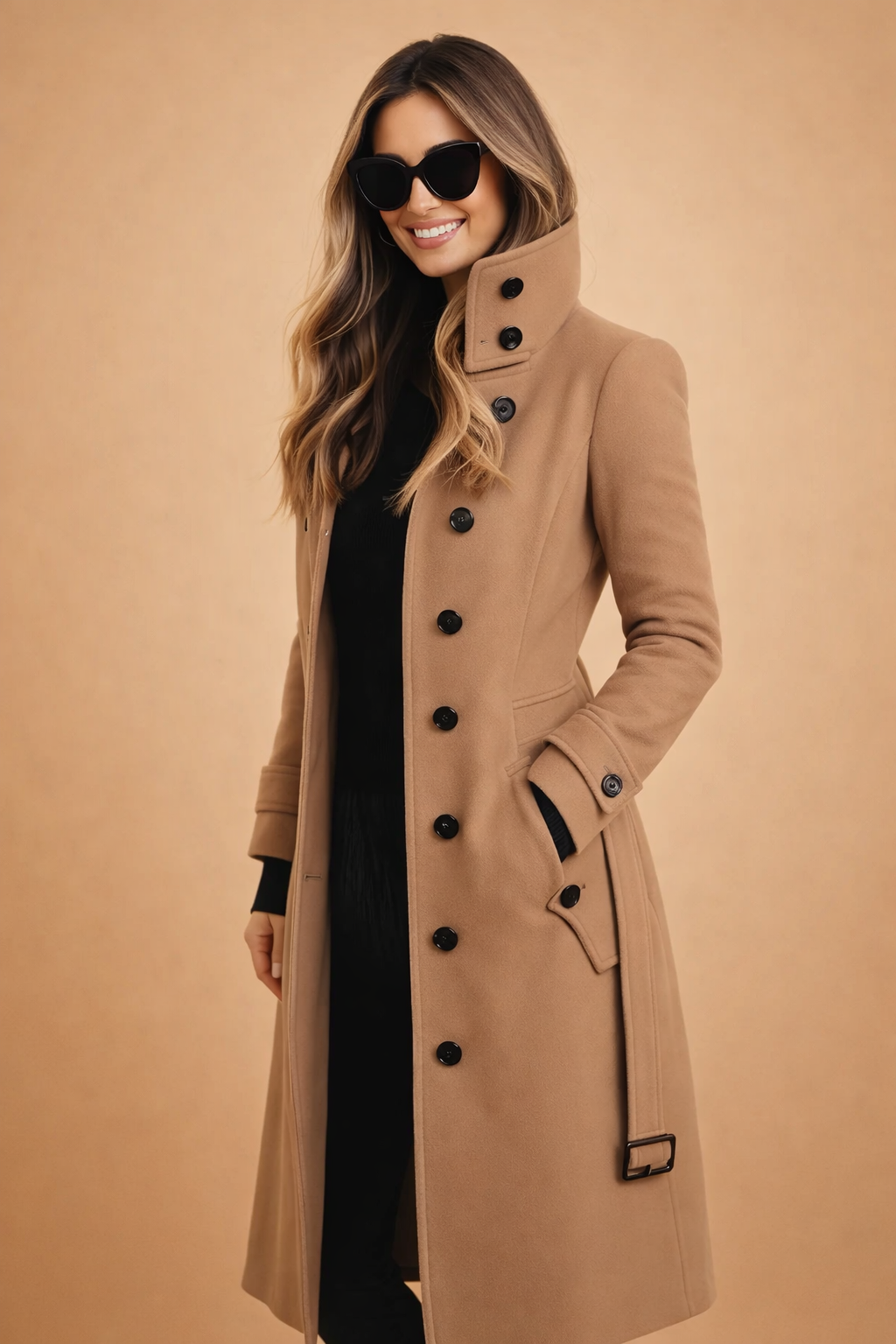 Women's Double Breasted Long Stand Collar Coat – Belted Military Style Winter Coat