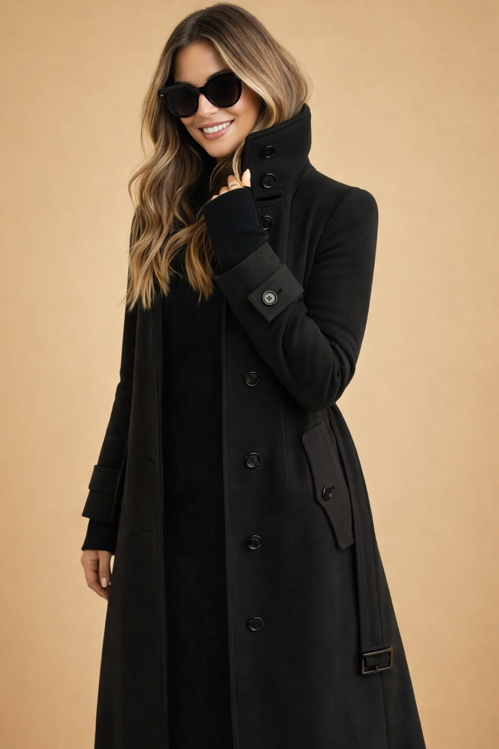 Women's Double Breasted Long Stand Collar Coat – Belted Military Style Winter Coat