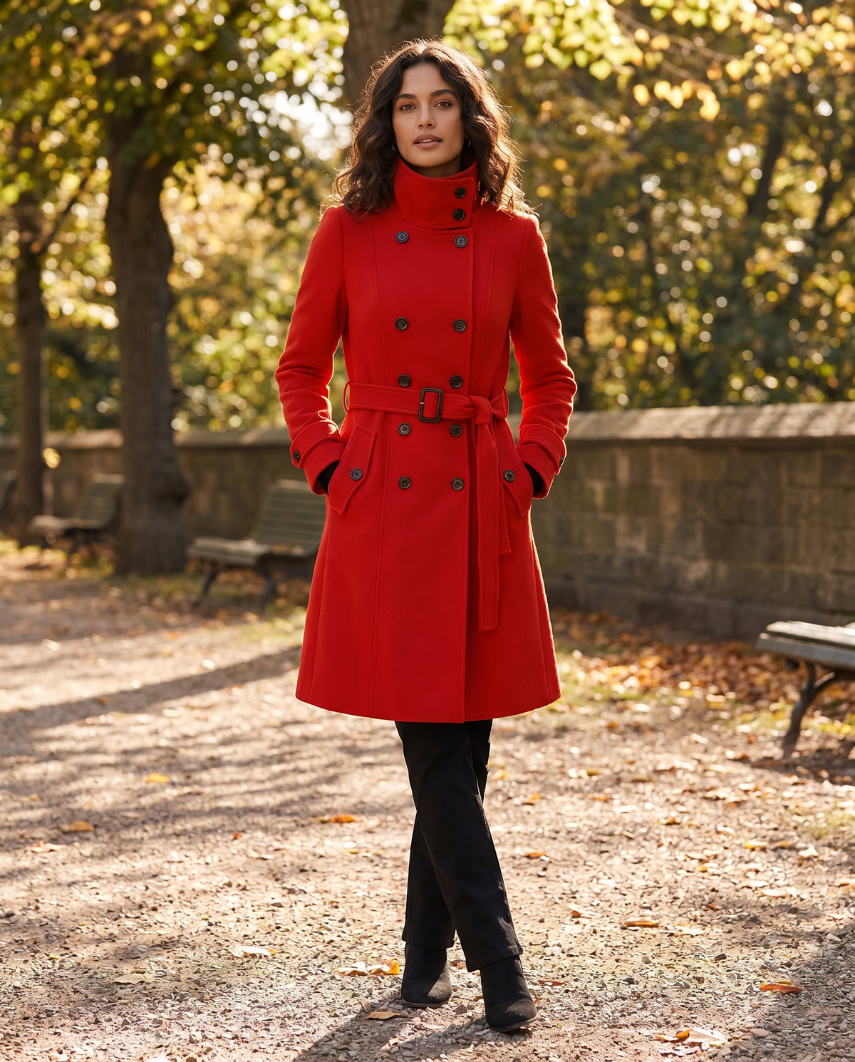 Women's Double Breasted Long Stand Collar Coat – Belted Military Style Winter Coat