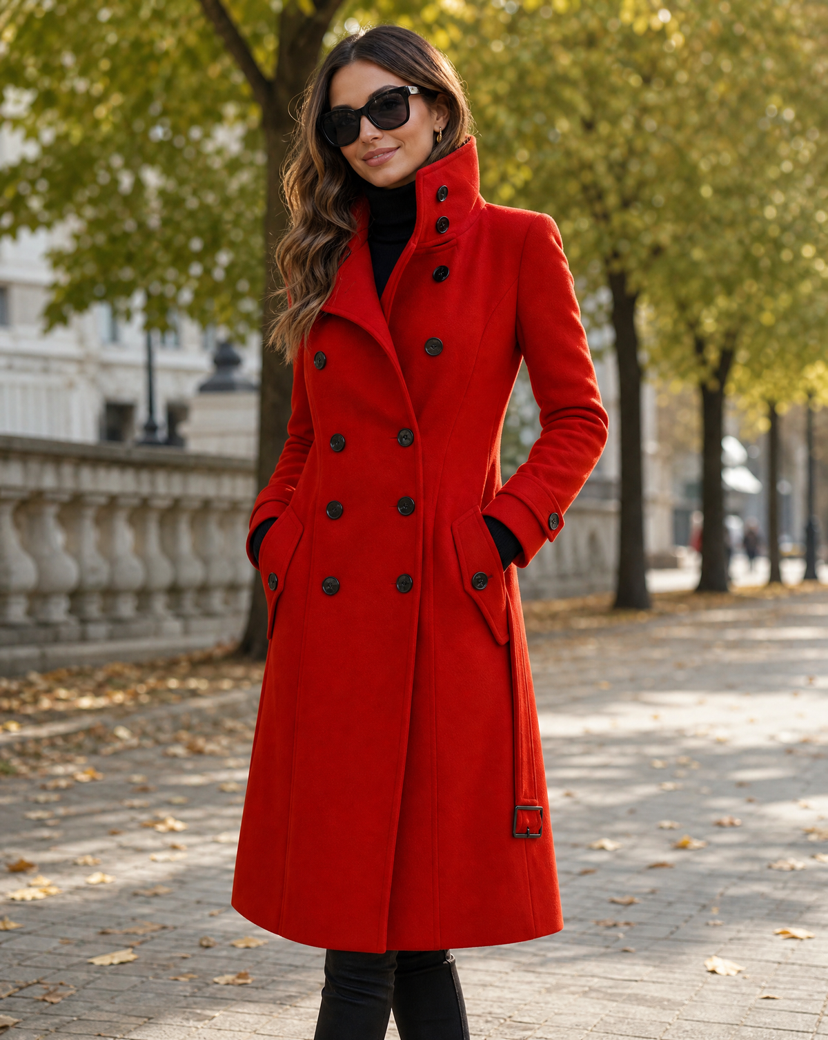 Women's Double Breasted Long Stand Collar Coat – Belted Military Style Winter Coat