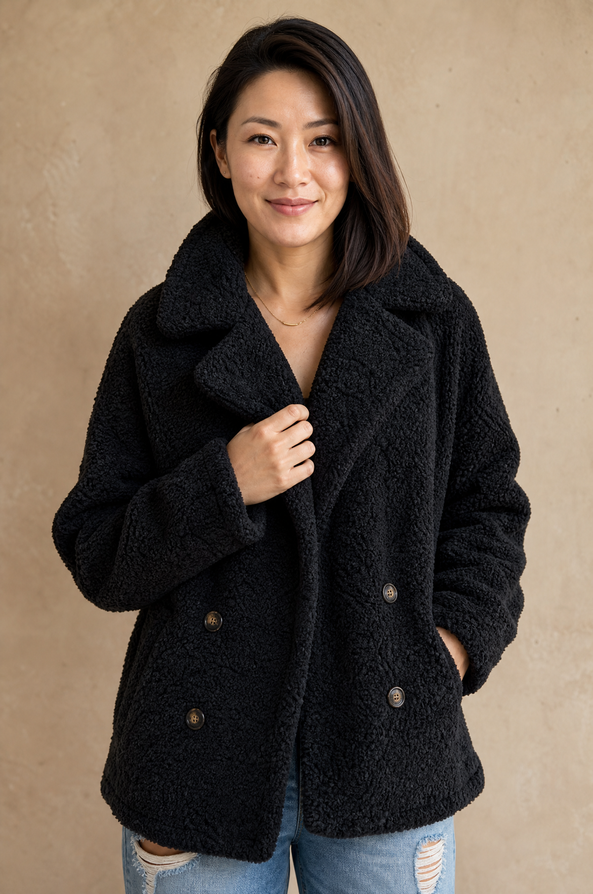 Women's Double Breasted Teddy Fleece Coat – Notch Lapel Borg Pea Coat with Pockets