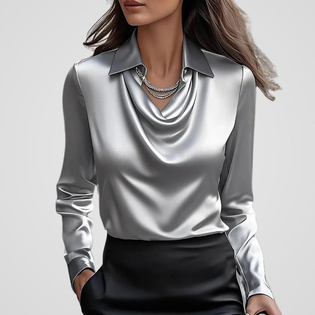 Women's Draped Neck Satin Blouse – Collared