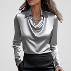 Women's Draped Neck Satin Blouse – Collared
