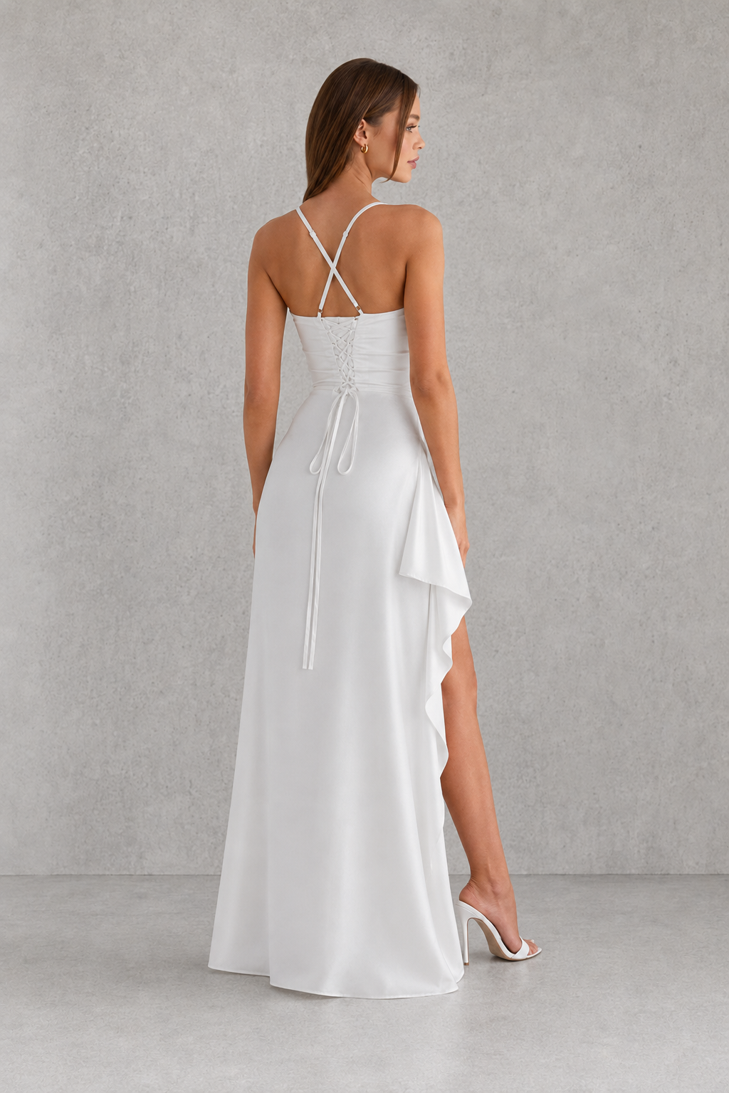 Women's Draped Satin Maxi Dress – Cowl Neck Thigh Split Evening Gown