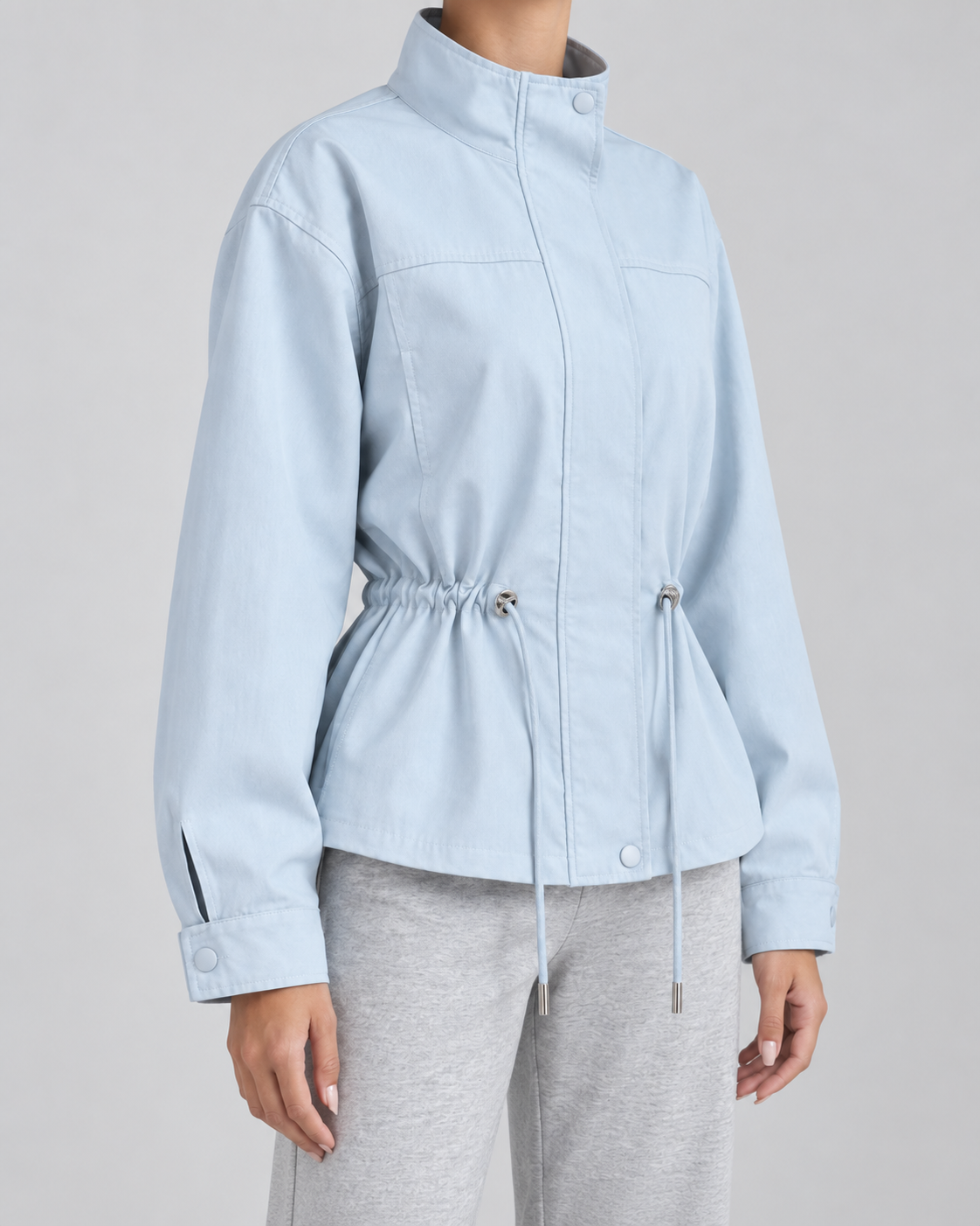 Women's Drawstring Waist Jacket – Stand Collar Zip Front Utility Jacket