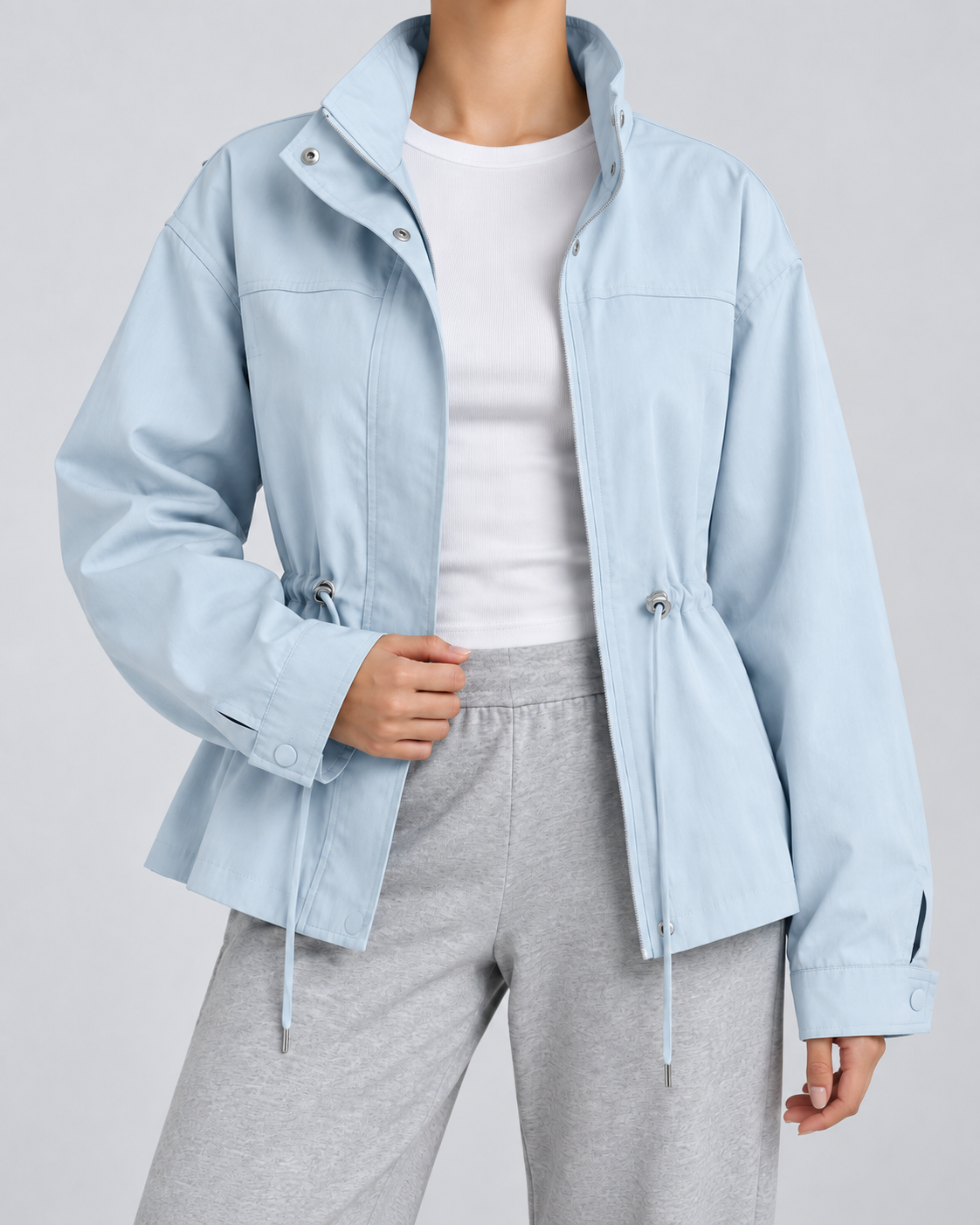 Women's Drawstring Waist Jacket – Stand Collar Zip Front Utility Jacket
