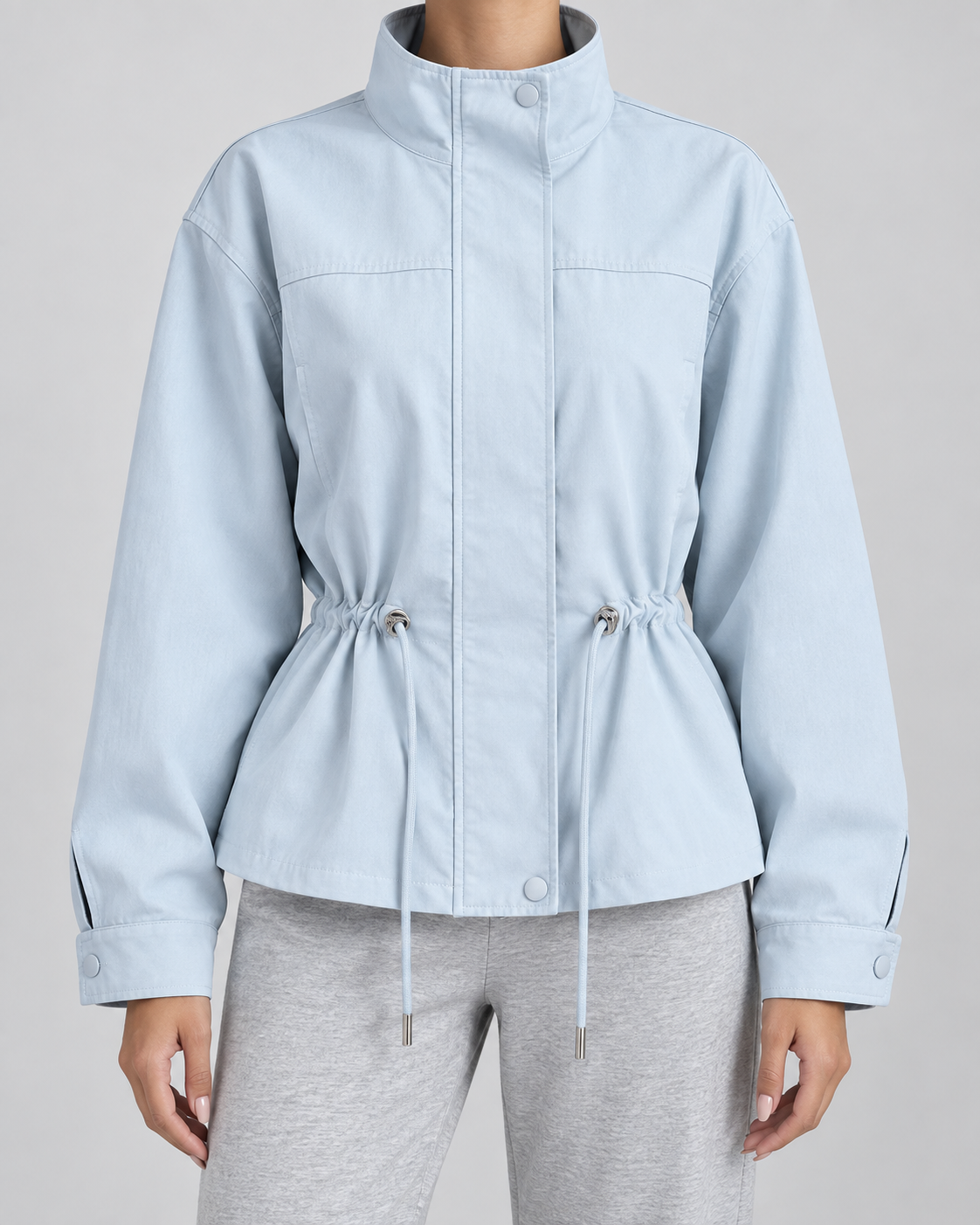Women's Drawstring Waist Jacket – Stand Collar Zip Front Utility Jacket