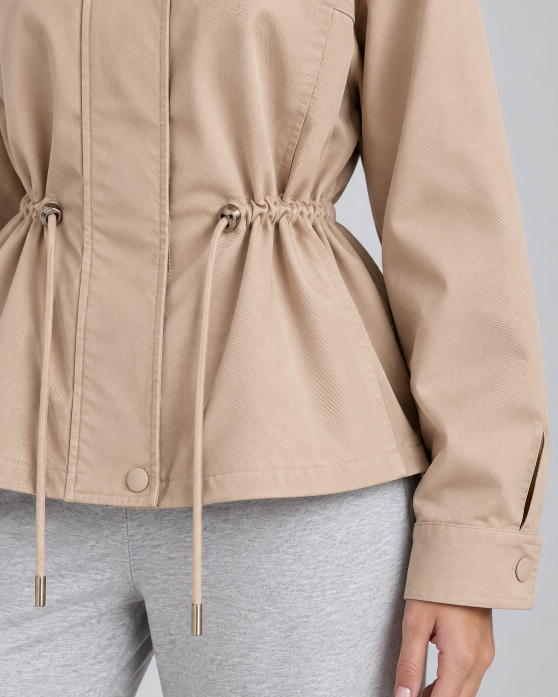 Women's Drawstring Waist Jacket – Stand Collar Zip Front Utility Jacket