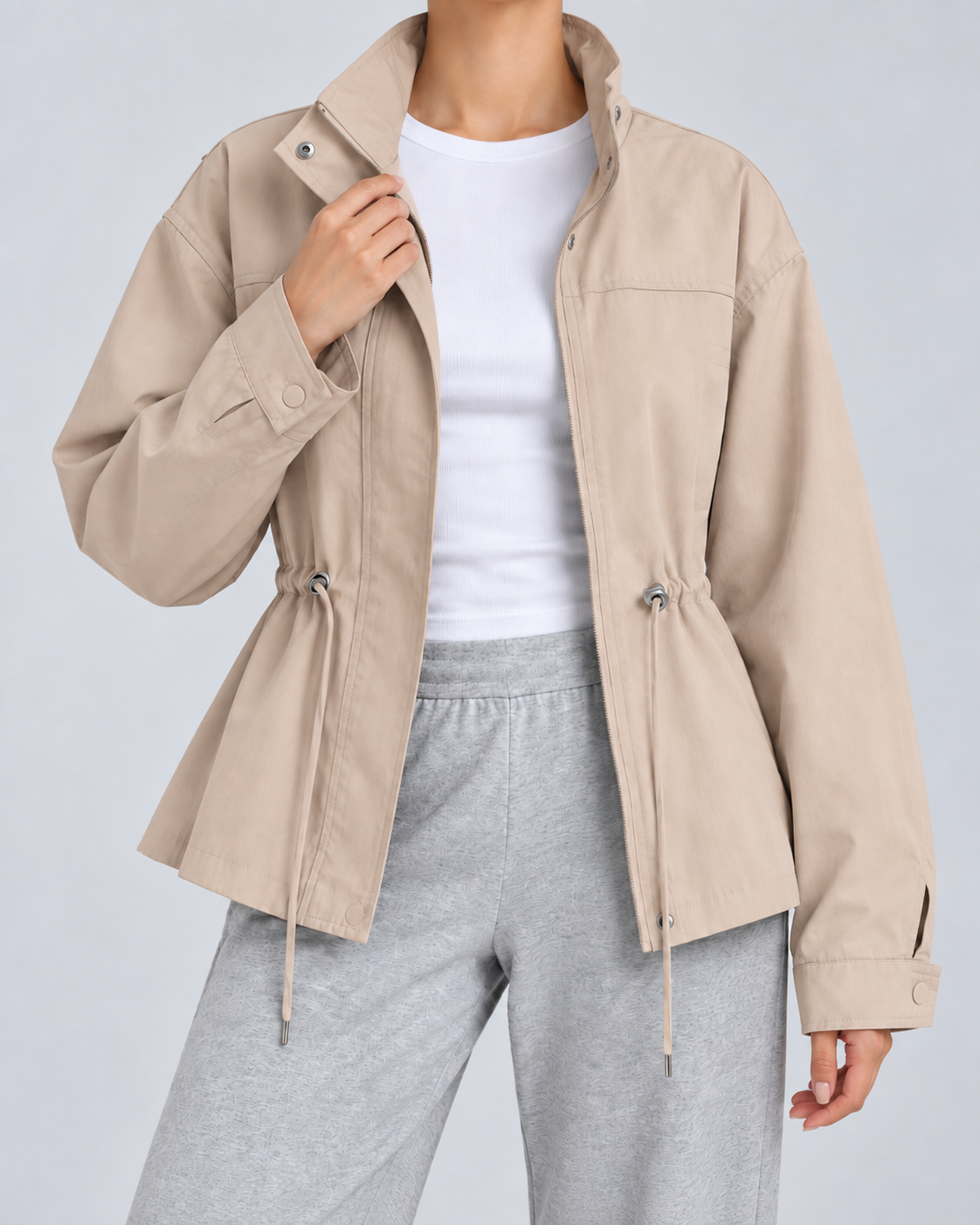 Women's Drawstring Waist Jacket – Stand Collar Zip Front Utility Jacket