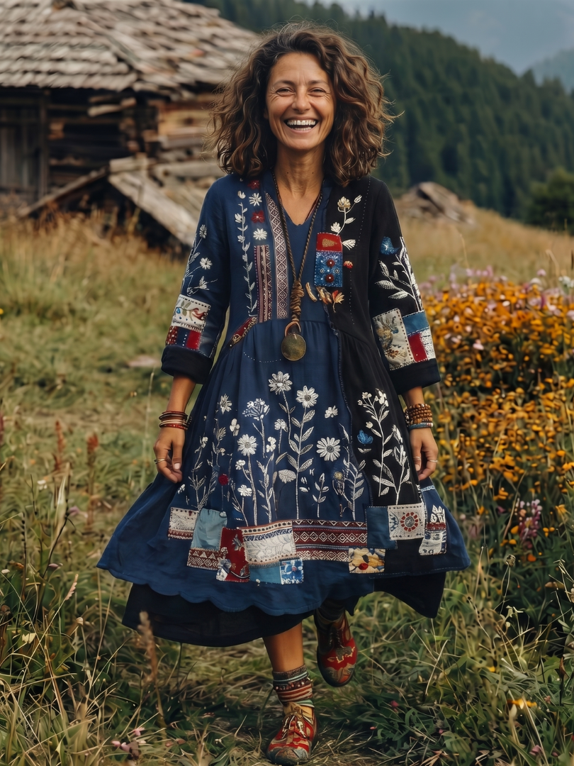Kacob | Women's Embroidered Long Sleeve Midi Dress – Relaxed Winter Dress