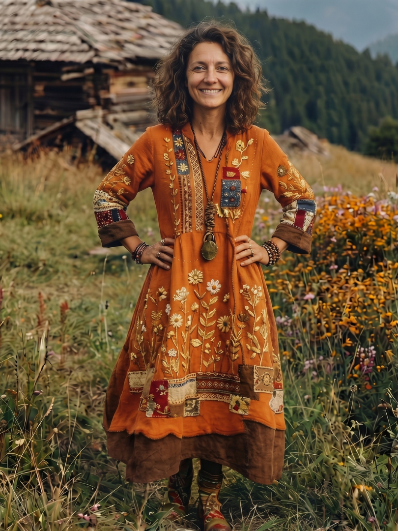 Kacob | Women's Embroidered Long Sleeve Midi Dress – Relaxed Winter Dress