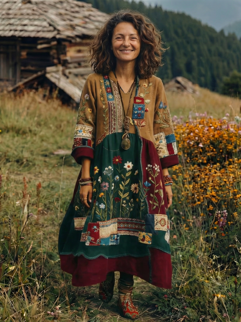Kacob | Women's Embroidered Long Sleeve Midi Dress – Relaxed Winter Dress