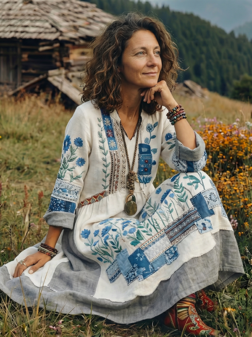 Kacob | Women's Embroidered Long Sleeve Midi Dress – Relaxed Winter Dress