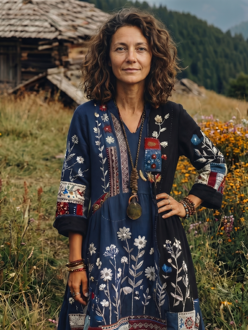 Kacob | Women's Embroidered Long Sleeve Midi Dress – Relaxed Winter Dress