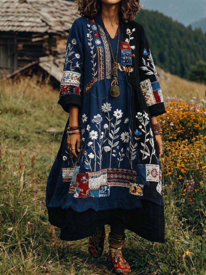 Kacob | Women's Embroidered Long Sleeve Midi Dress – Relaxed Winter Dress