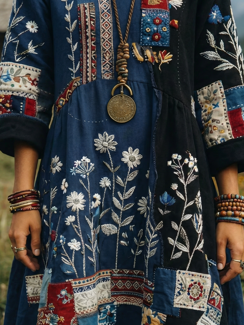 Kacob | Women's Embroidered Long Sleeve Midi Dress – Relaxed Winter Dress