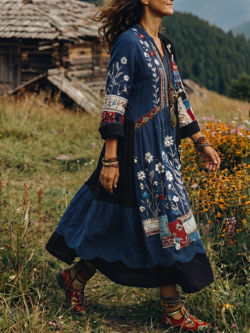 Kacob | Women's Embroidered Long Sleeve Midi Dress – Relaxed Winter Dress