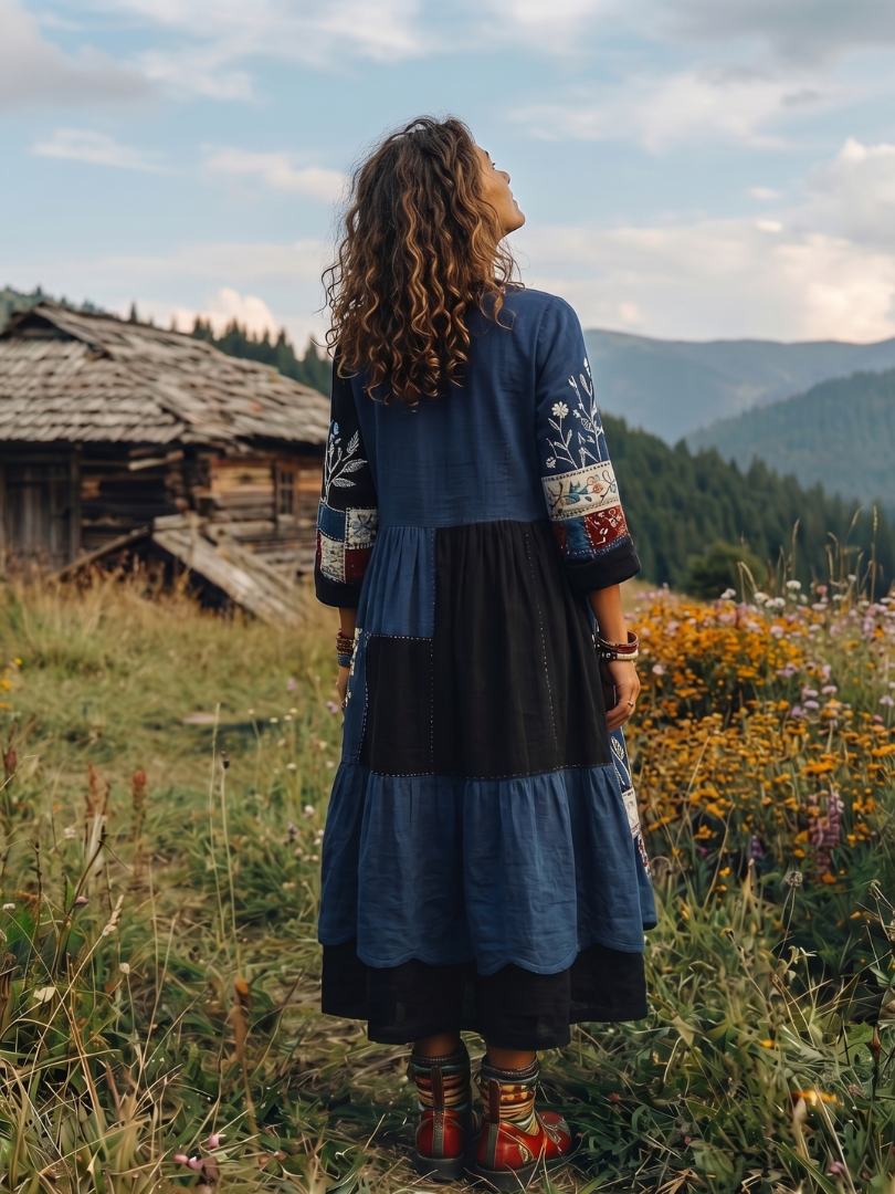 Kacob | Women's Embroidered Long Sleeve Midi Dress – Relaxed Winter Dress