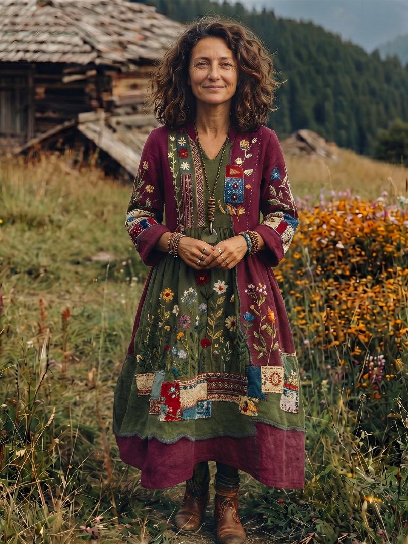 Kacob | Women's Embroidered Long Sleeve Midi Dress – Relaxed Winter Dress