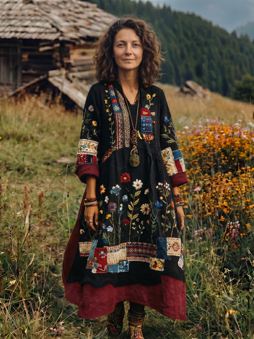 Kacob | Women's Embroidered Long Sleeve Midi Dress – Relaxed Winter Dress