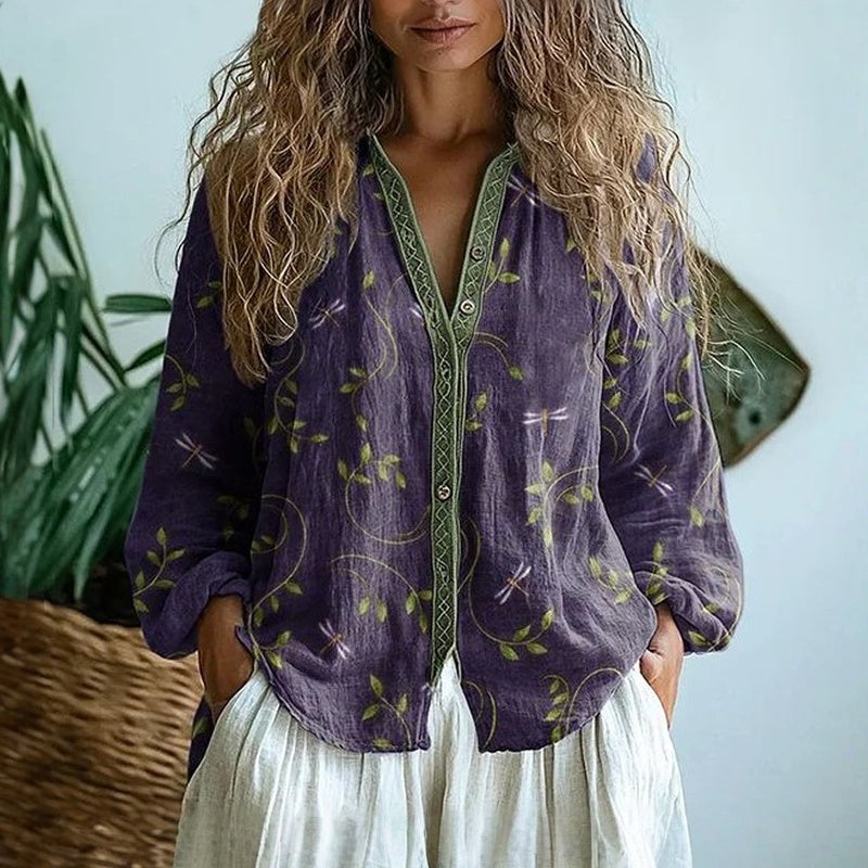 Women's Embroidered Trim V-Neck Blouse – Floral Print Button Front Balloon Sleeve Top